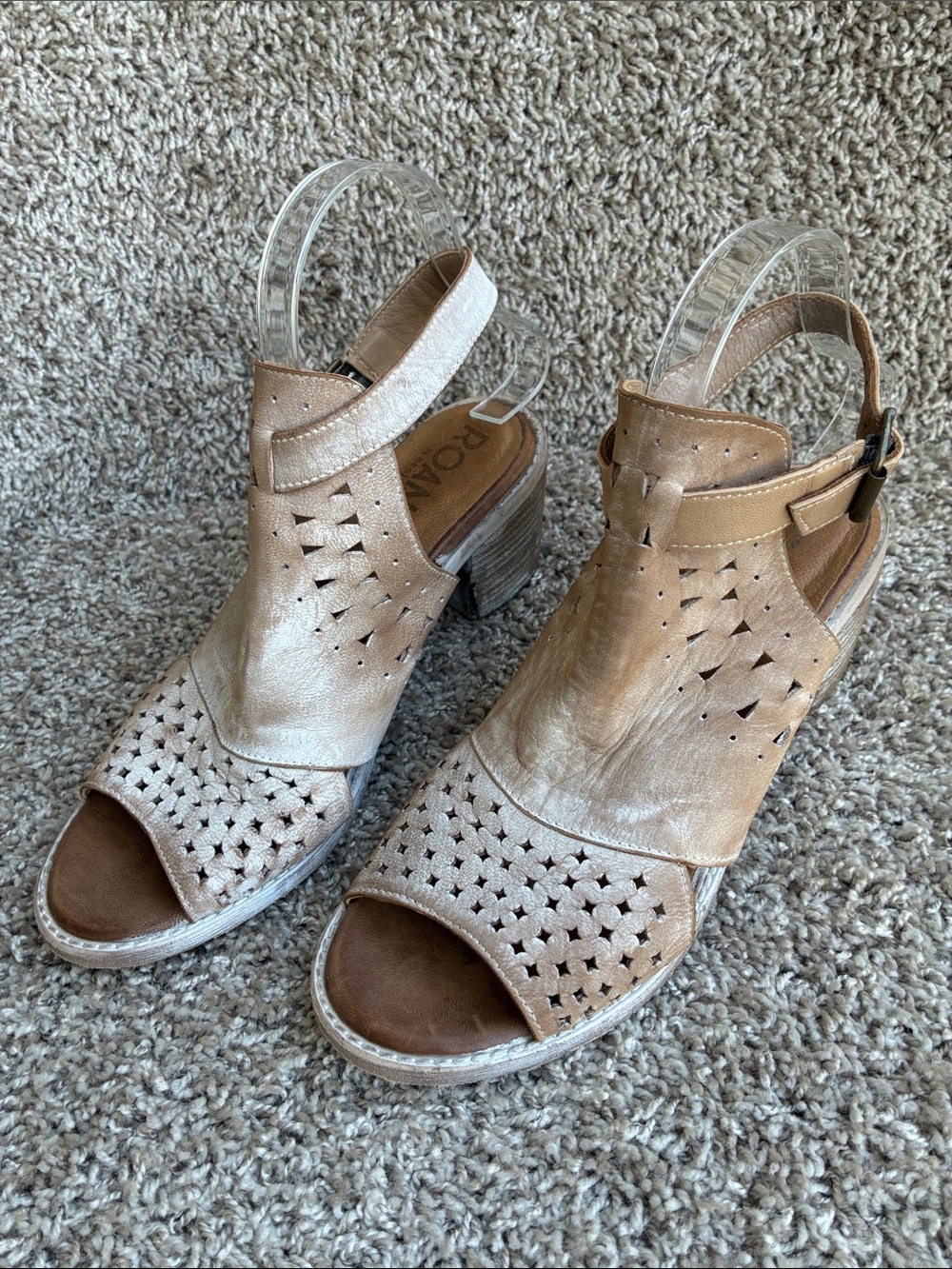 Roan by Bed|Stu Christine P Distressed Tan Laser-Cut Slingback Heels size 8.5